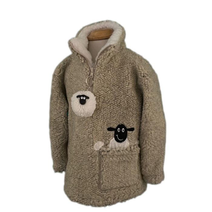 kids sheep fleece jacket with dangly sheep keyring in pebble/stone colour