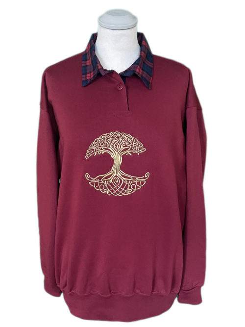 burgundy jumper with the tree of life on it