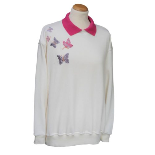 White ladies sweatshirt with pink collar and pink butterfly design