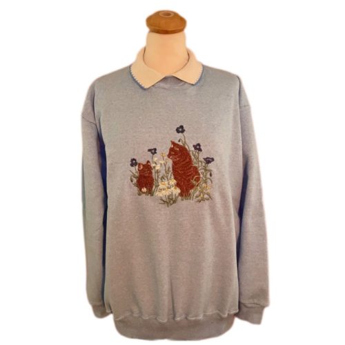 Ladies collared sweatshirts with ginger cats in flowers design denim colour
