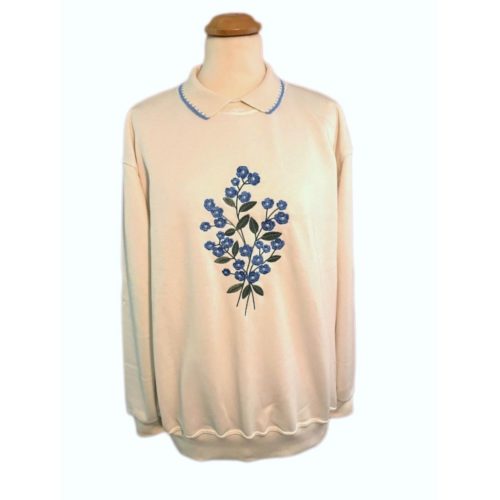 Ladies white collared sweatshirt with forget me not flower designs