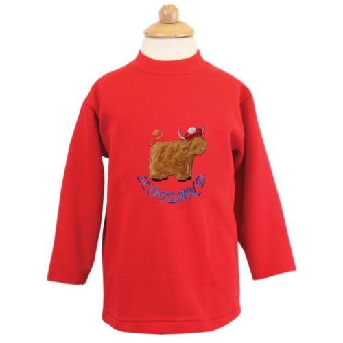 Red children's sweatshirt with highland cow design and scotland text