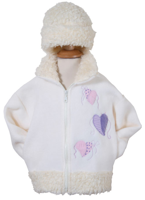 Childrens white zip up fleece with pink and purple hearts