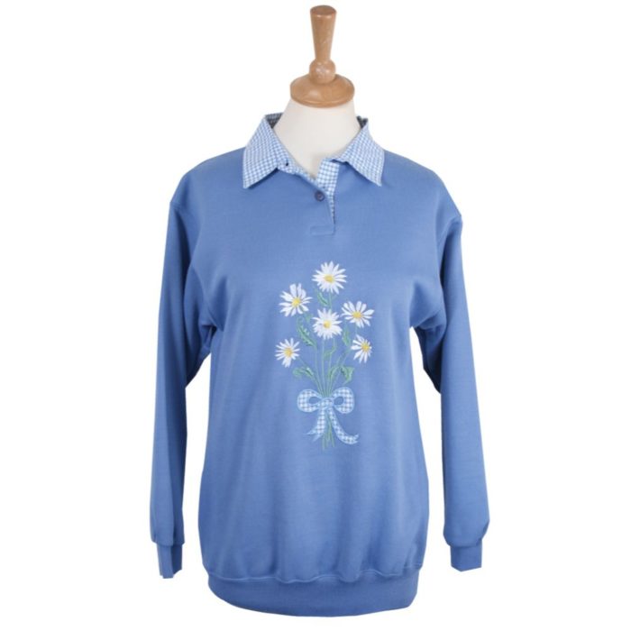 Ladies sweatshirt in blue with chequered collar and floral design