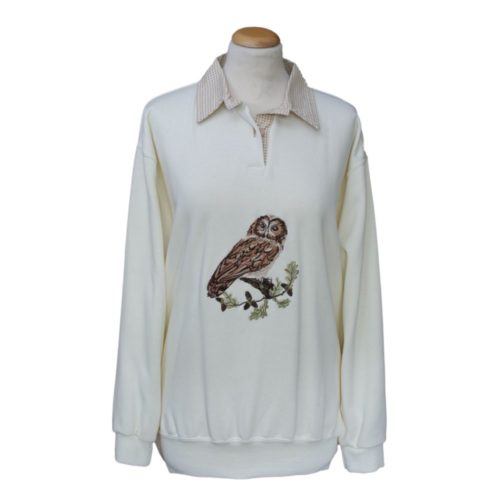 White collared ladies sweatshirt with owl embroided design