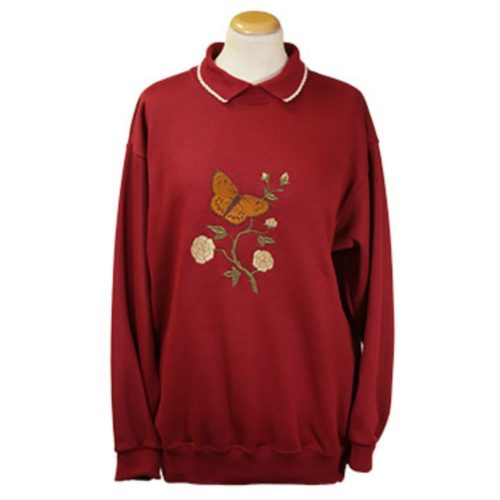Ladies sweatshirt in burgundy with embroidered copper butterfly