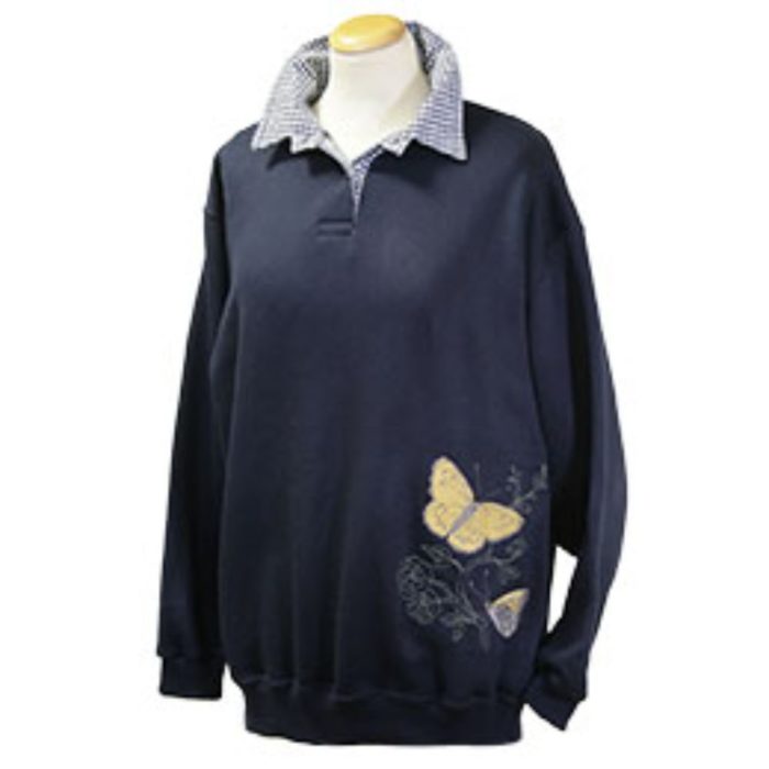 Ladies collared sweatshirt in navy blue with butterfly design