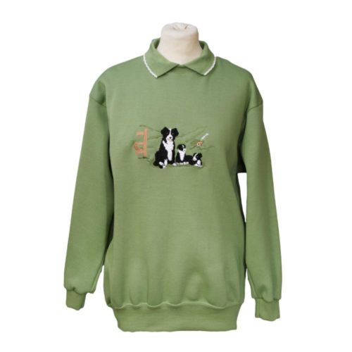 green ladies sweatshirt with border collie dogs design