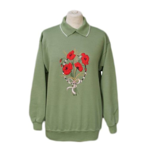 green ladie ssweatshirt with red poppies embroidery design