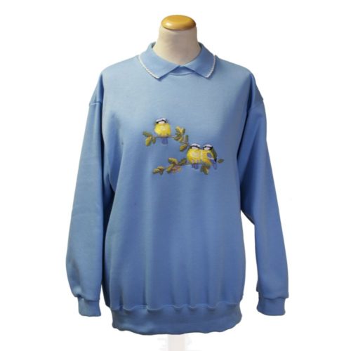 Ladies sweatshirt in blue with embroidered bird design