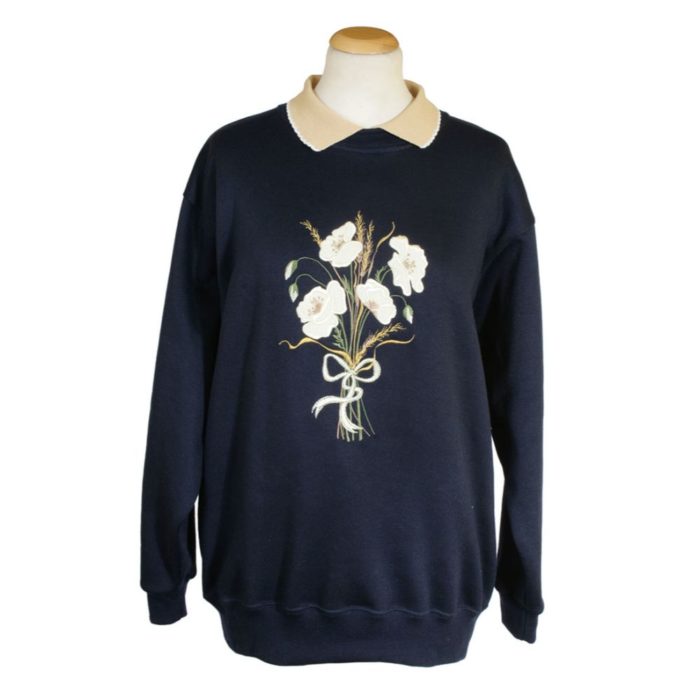 Navy blue ladie ssweatshirt with cream poppies embroidery