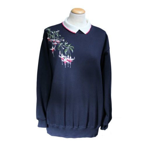 Navy blue collared ladies sweatshirts with fuchsia floral pattern