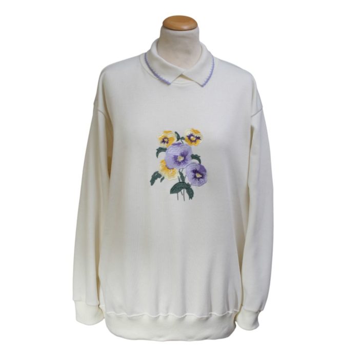 white ladies sweatshirt with yellow and blue flower embroidery