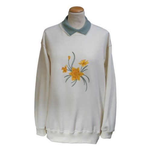 white ladies sweatshirt with yellow daffofil embroidery