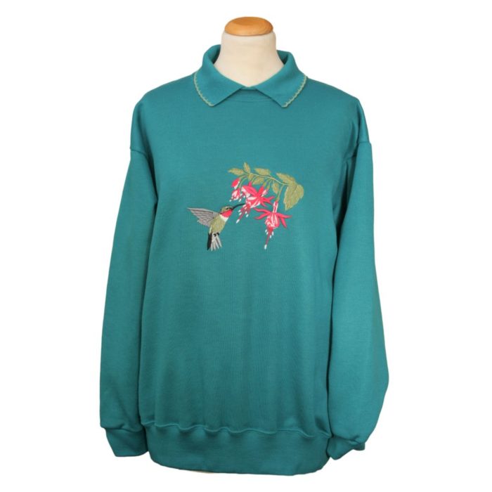 Teal ladies sweatshirt with hummingbird embroidery