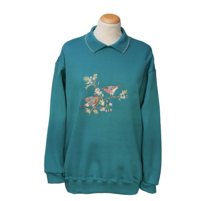 Ladies teal sweatshirt with floral pattern and birds