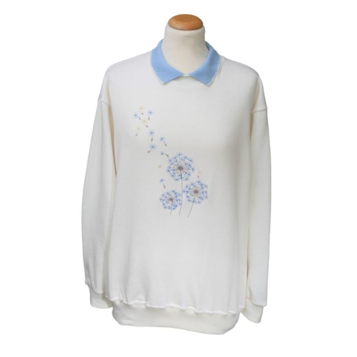 Ladies white sweatshirt with knitted collar and embroided purple floral pattern on front