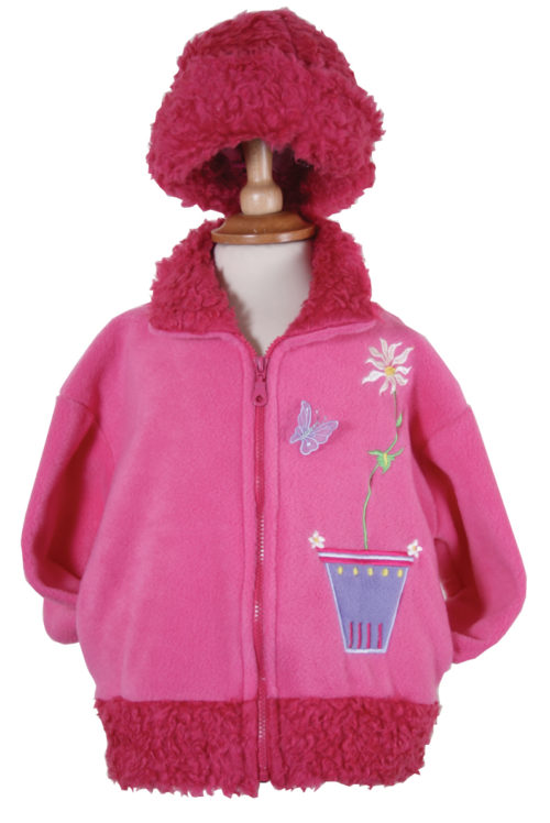 pink fluffy children's jacket with growing flower on the side in different colours and matching hat