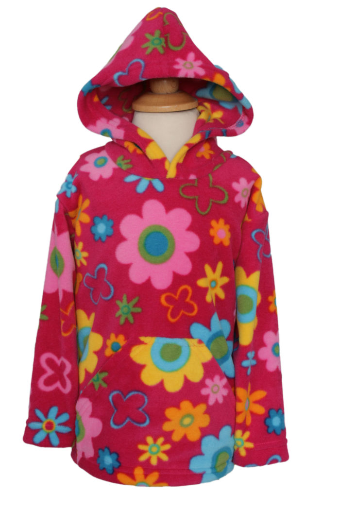 pink flower hooded fleece for children with multi coloured flowers on