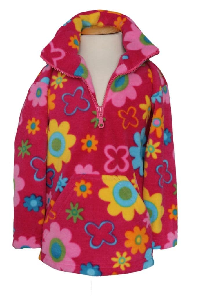 pink flower fleece for children with multi coloured flowers on