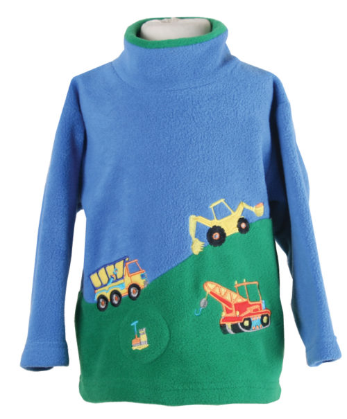 Blue and Green children's fleece with embroiled tractors and diggers