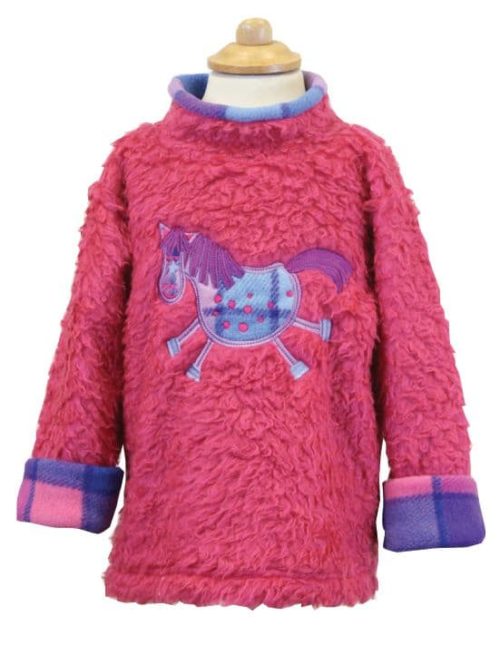 fluffy pink fleece for child with a scoop neck and a purple chequered horse on the front