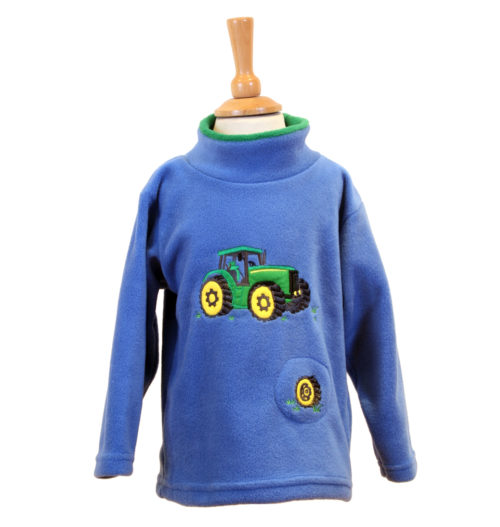 Blue children's fleece with green tractor