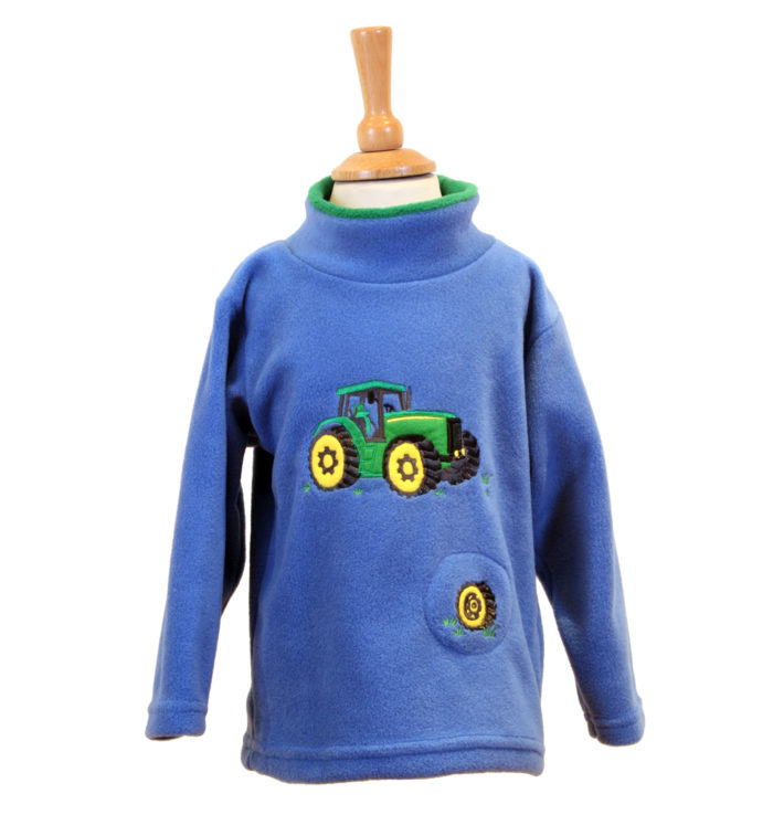 Blue children's fleece with green tractor