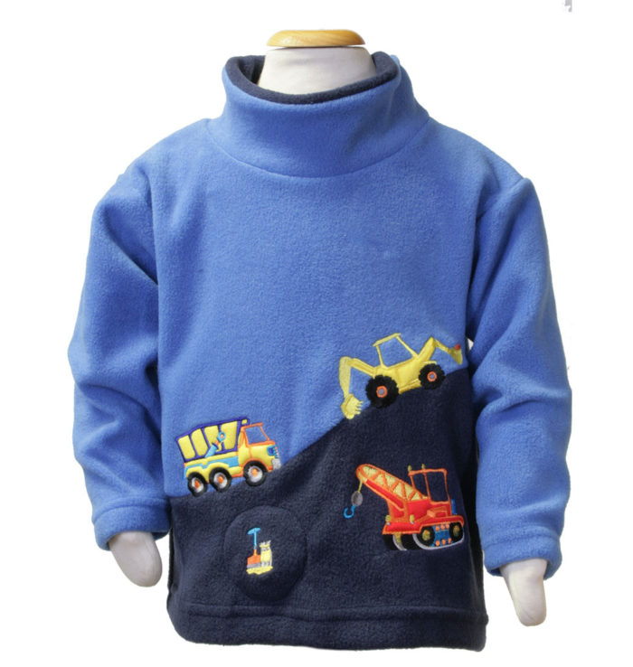 blue & navy children's fleece with a digger and truck and crane going up a hill. Comes with a button which makes a noise