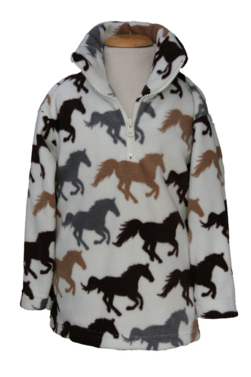 A child's 1/4 zip fleece in white, with grey, black and brown horse silhouettes all over.