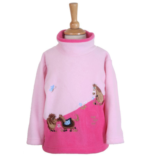 child's scoop neck fleece with horses on with two kissing on the bottom left in two pinks