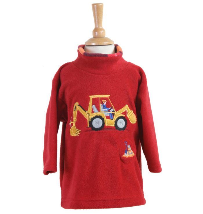 red fleece with digger on the front which makes a noise for children