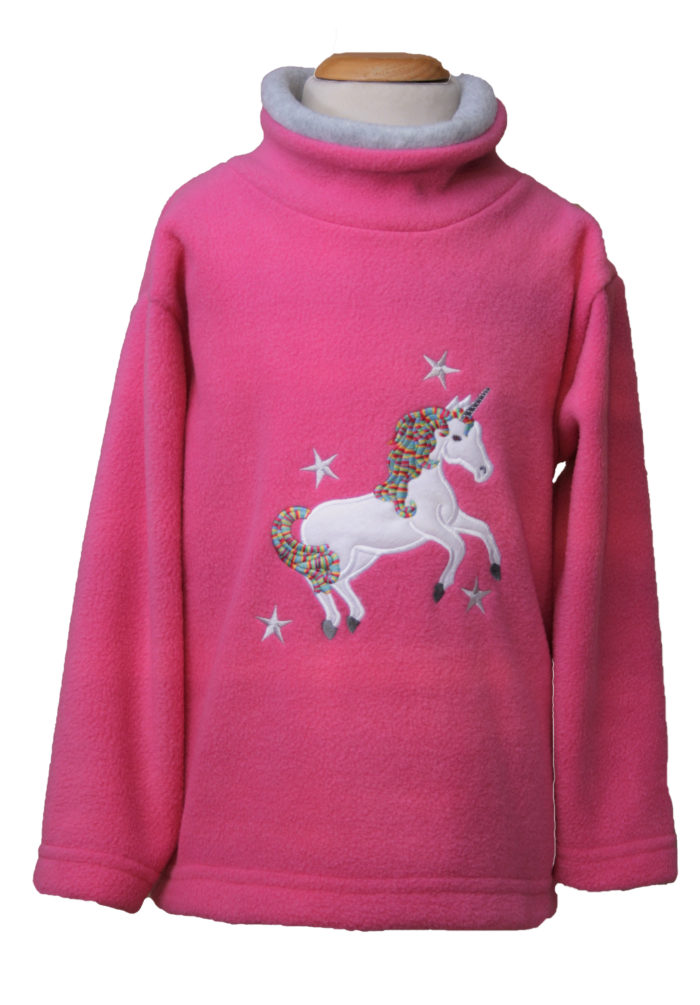 childrens scoop necked pink fleece with an embroidered unicorn on