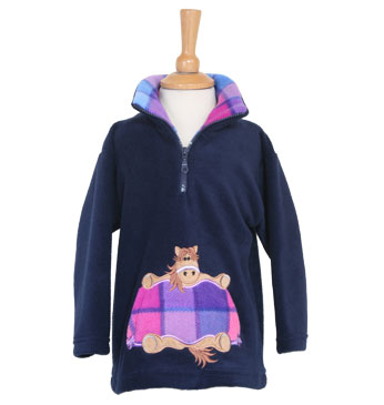 A child's navy 1/4 zip fleece with a pink and purple tartan neck detail, and a cute horse pattern on the front.