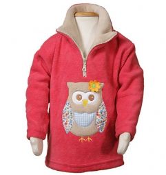 A child's coral coloured 1/4 zip fleece with a cute light brown owl design on it.