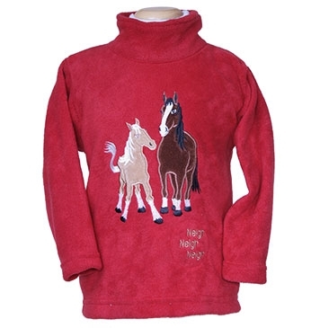 A red turtle neck fleece for a child, featuring a light brown horse and dark brown horse pattern