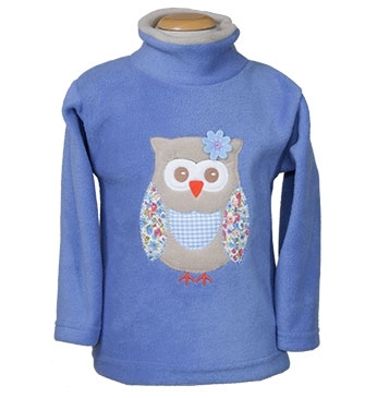 A light blue child's turtle-neck fleece with a cute grey owl design in the middle.