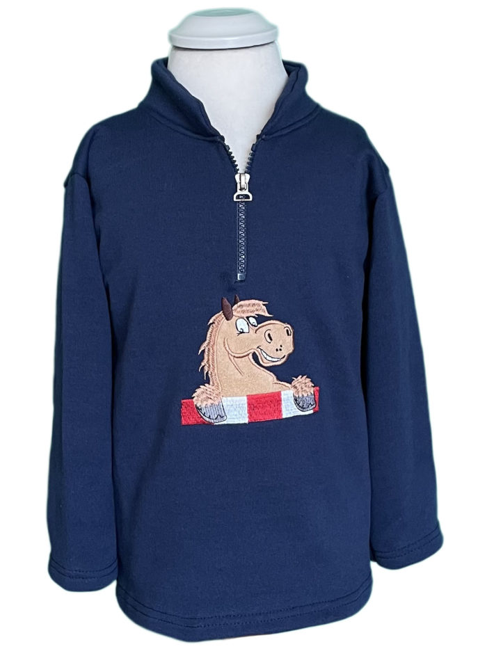 children's navy sweatshirt with a cartoon horse embroidered on the front