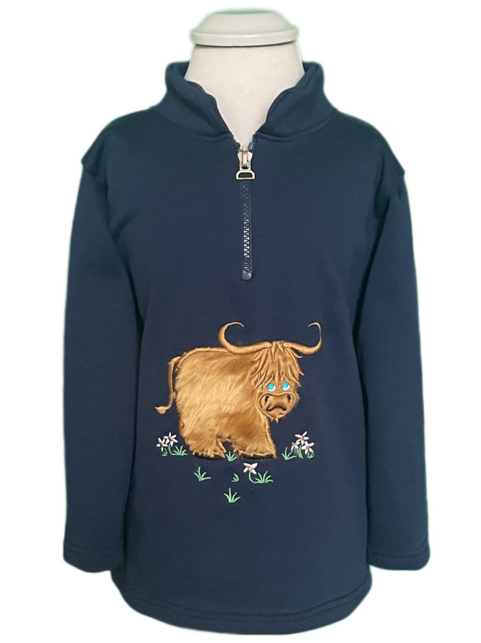 children's sweatshirt in navy with a fluffy a highland cattle and flowers