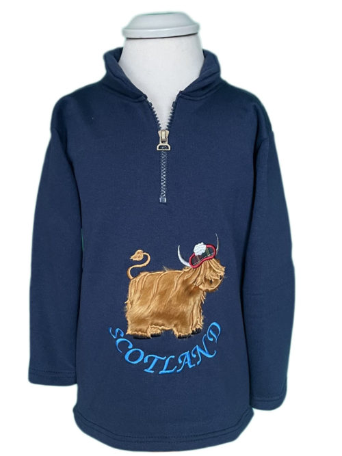 children's sweatshirt in navy with a fluffy a highland cattle on with a scottish beret on