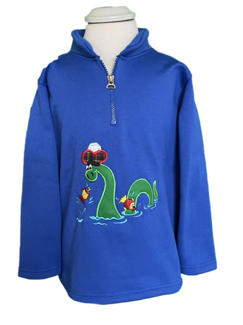 children's blue sweatshirt with loch ness monster on