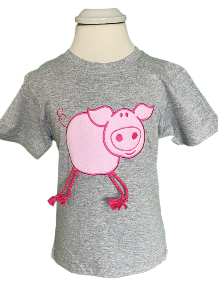 children's grey t-shirt with a stick figure pig on the front