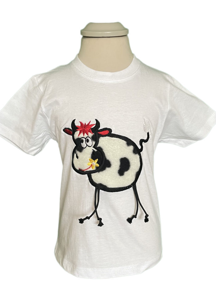 children's t-shirt with a stick figure cow on the front in white