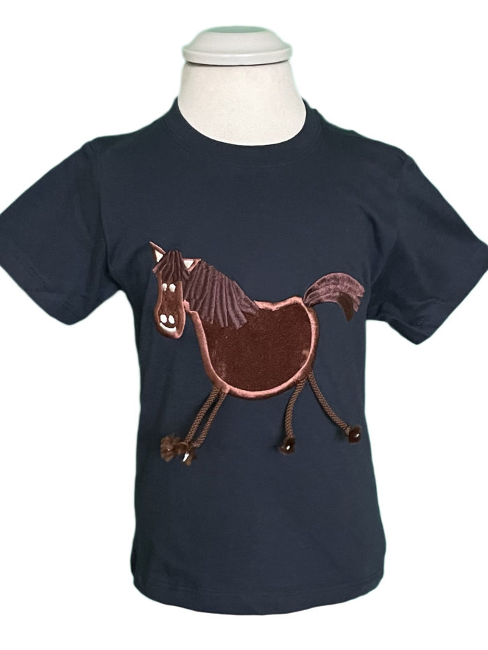 children's t-shirt with a stick figure horse on the front in navy