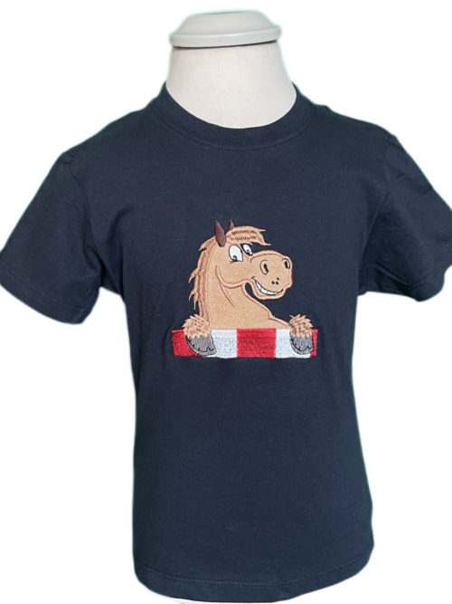 children's navy t-shirt with a cartoon horse embroidered on the front