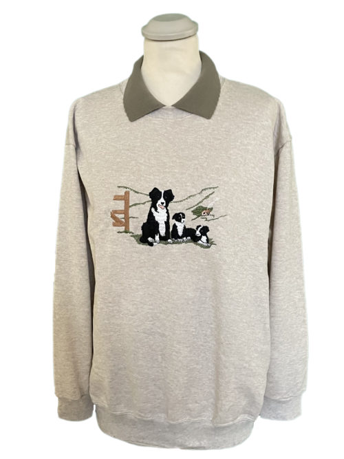 oatmeal coloured jumper with built in collar with a collie dog and it's puppies embroidered on the front