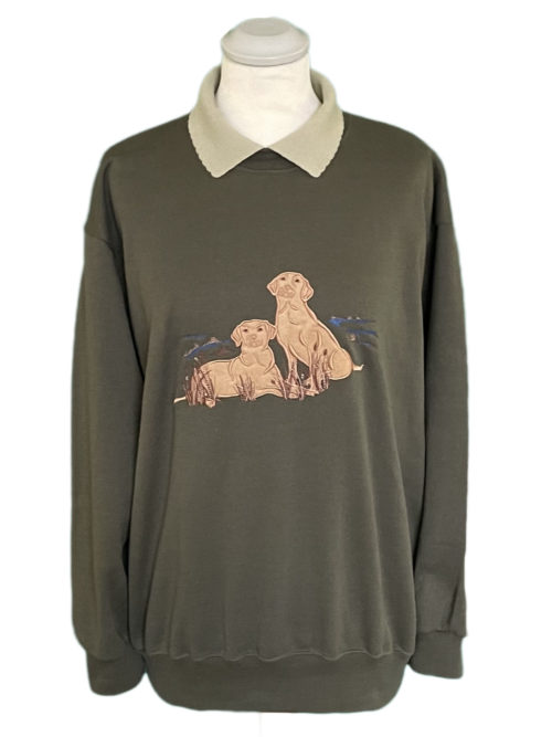 olive coloured jumper with built in collar and golden Labradors embroidered on the front