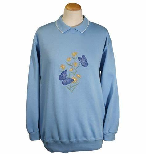 Sky Blue Ladies Sweatshirt with floral butterfly embroidery