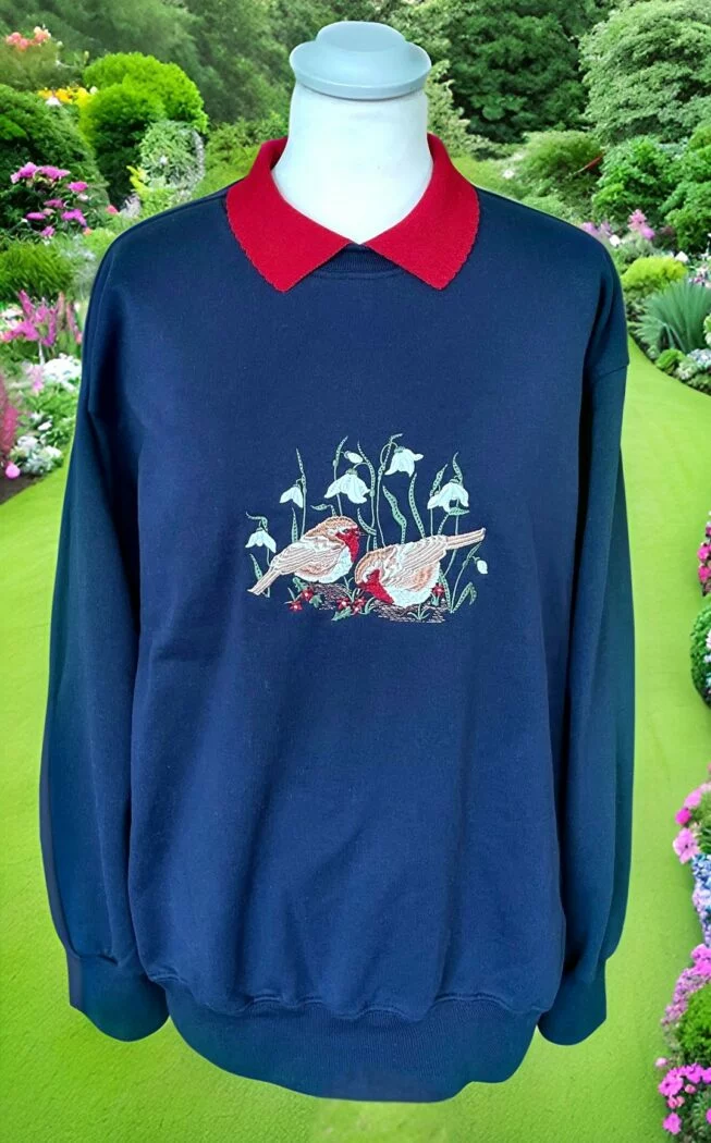 Embroidered Sweatshirt with Knitted Collar : Robins and Snowdrops on Navy