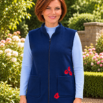 Ladies Gilet : `Red Poppies` on Navy - small